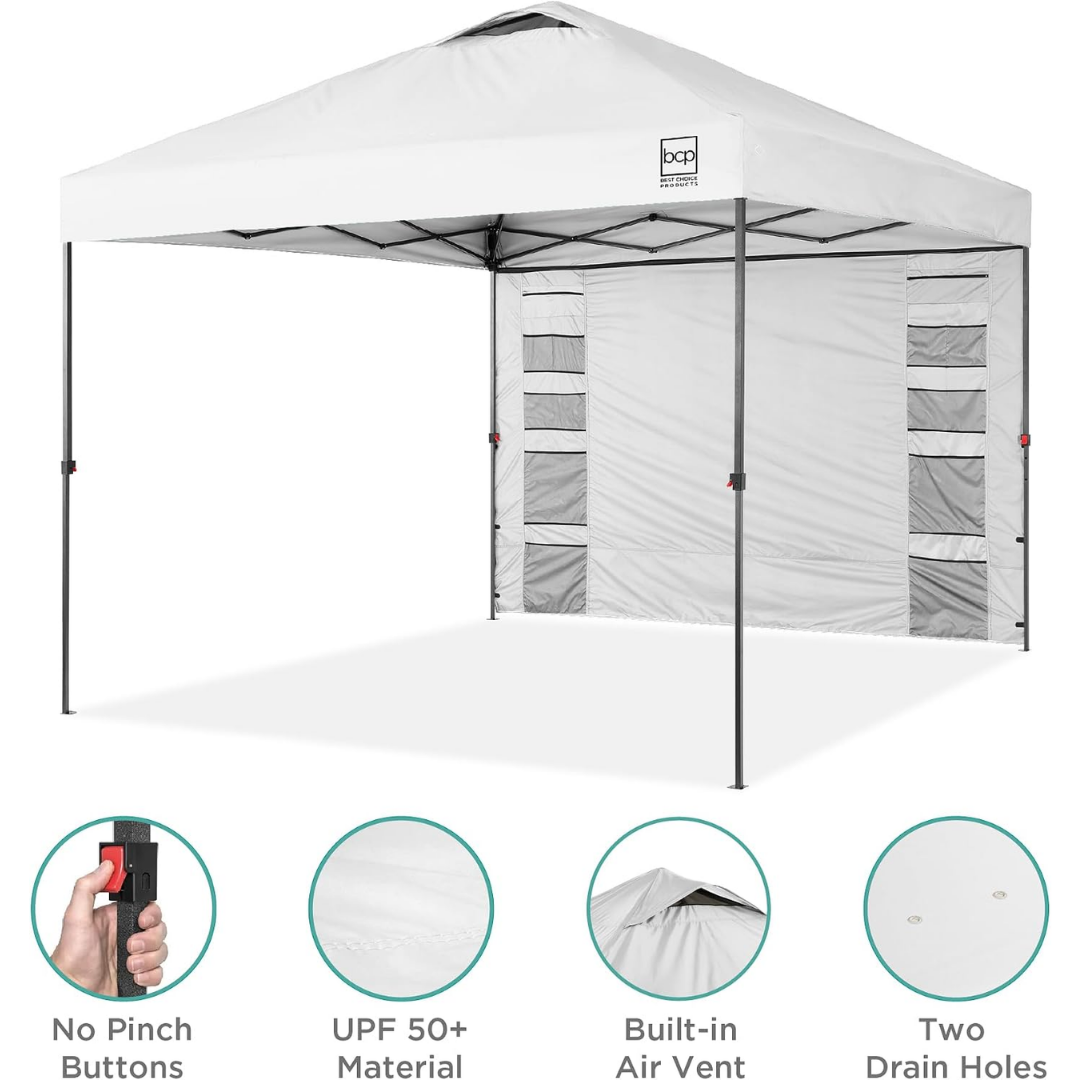 10x10ft Pop Up Canopy Tent, Easy Setup, White W/ Sidewall