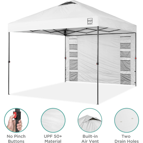 10x10ft Pop Up Canopy Tent, Easy Setup, White W/ Sidewall