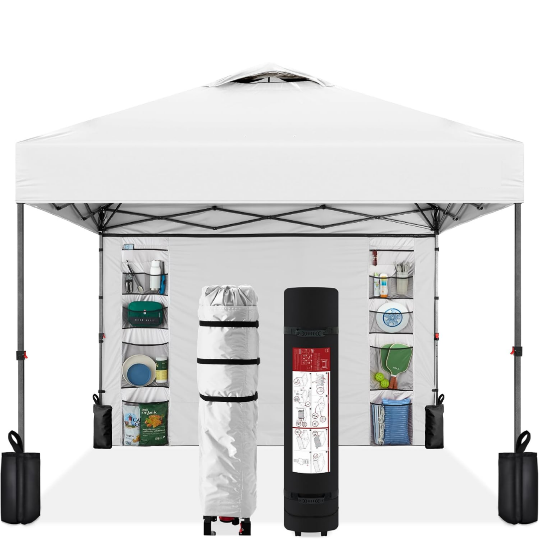 10x10ft Pop Up Canopy Tent, Easy Setup, White W/ Sidewall