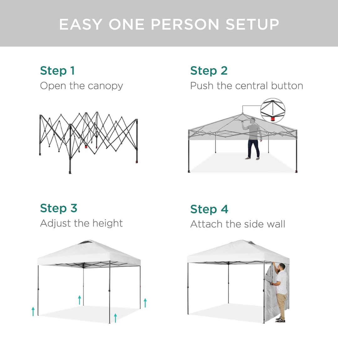 10x10ft Pop Up Canopy Tent, Easy Setup, White W/ Sidewall